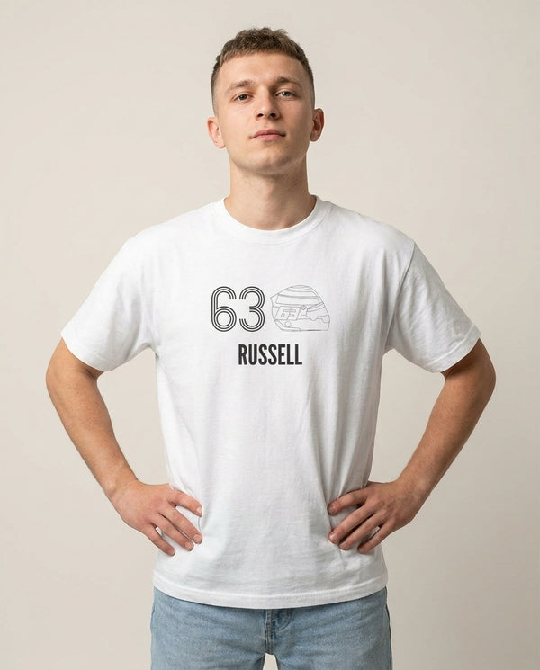 Russell Helmet 2026 T-Shirt — White Front, worn