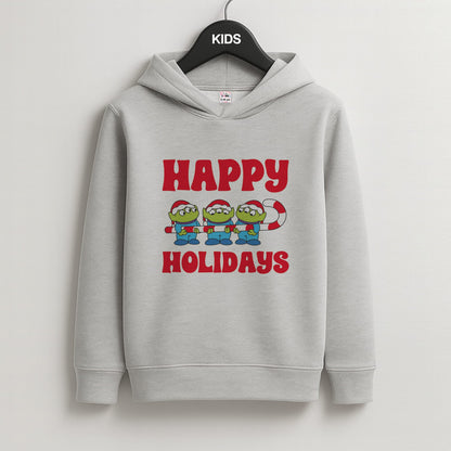 Happy Holidays Cute Green Aliens Grey Kids Hoodie