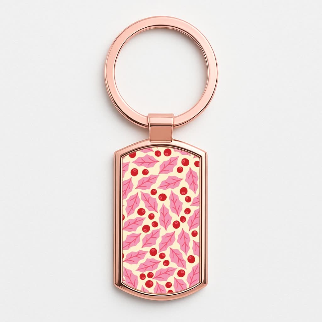 Pink Holly And Berries Pattern Rose Gold Keyring