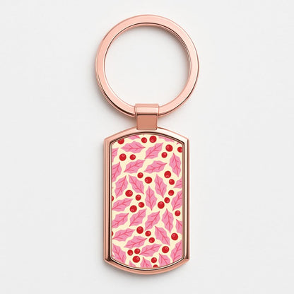 Pink Holly And Berries Pattern Rose Gold Keyring