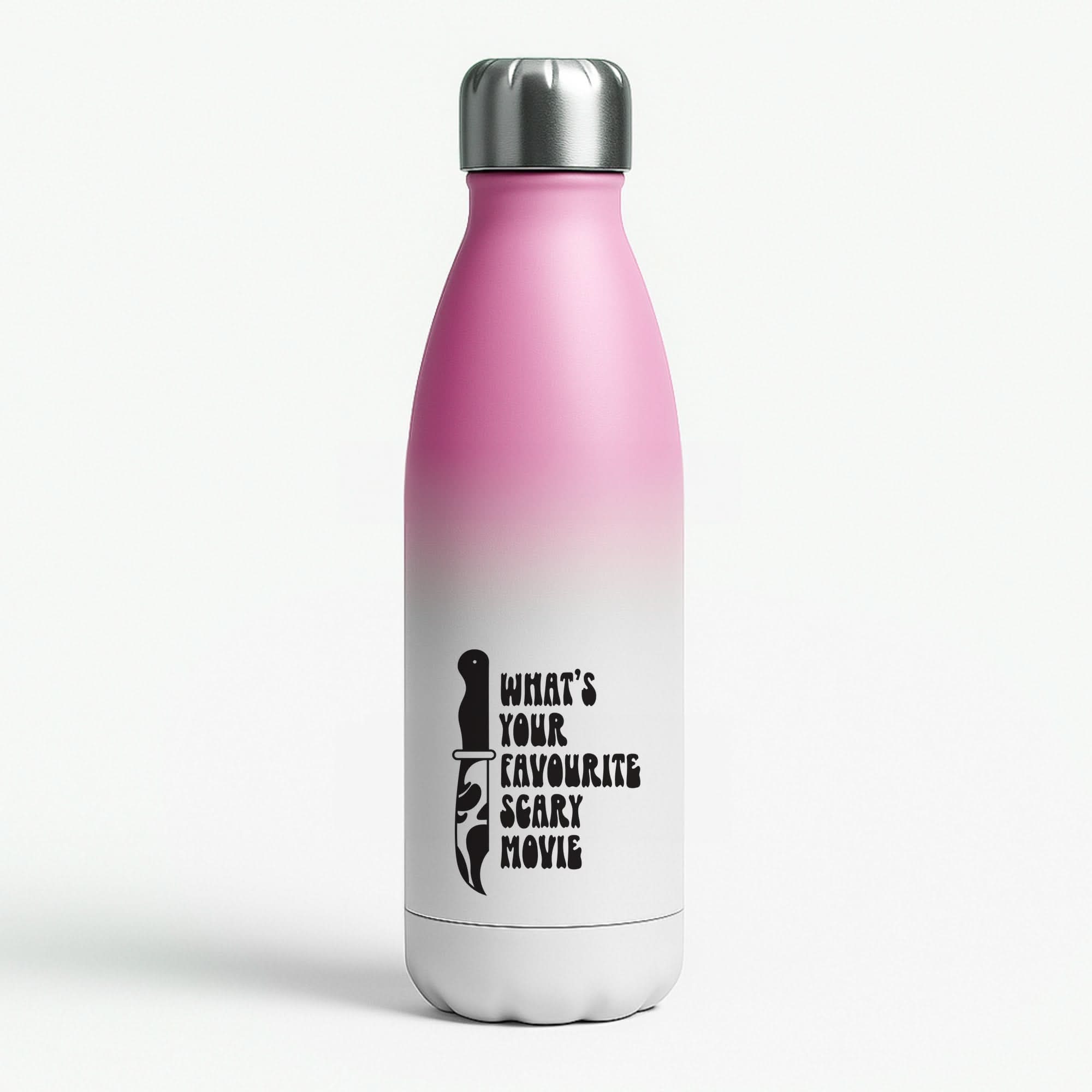 What's Your Favourite Scary Movie Trippy Pink Water Bottle