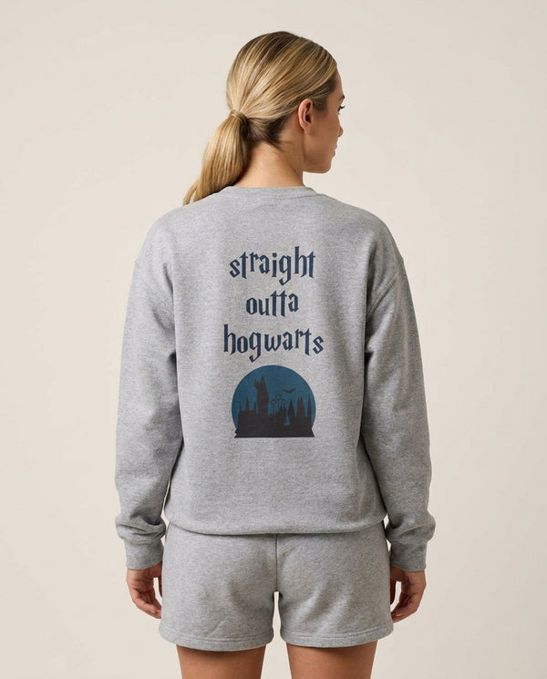 Straight Outta Hogwarts Sweatshirt — Grey Back, worn