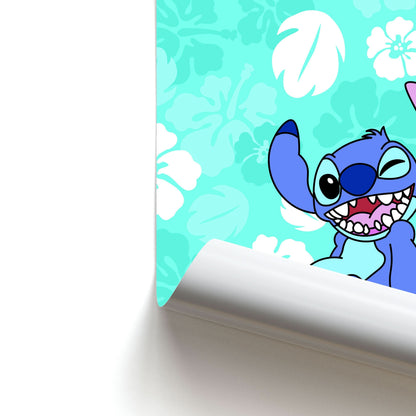 Cute Blue Alien Floral Pattern Poster