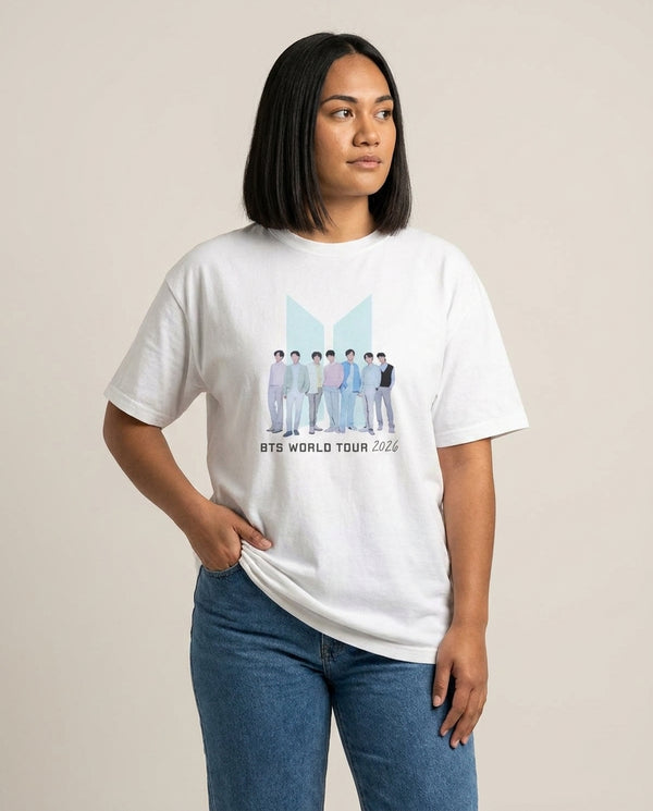 K-Pop Band Tour Pastel Blue T-Shirt — White Front, worn