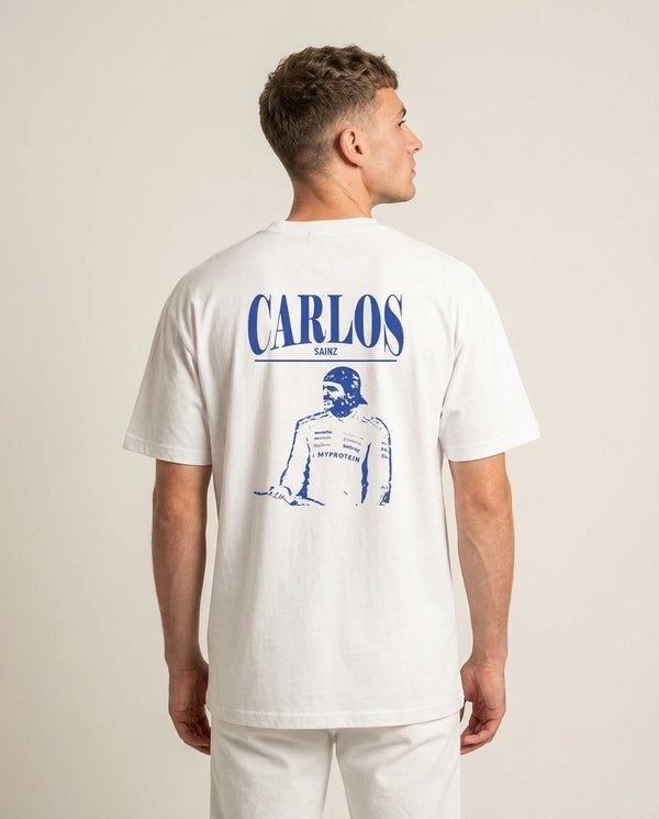 Carlos White And Blue T-Shirt — White Back, worn