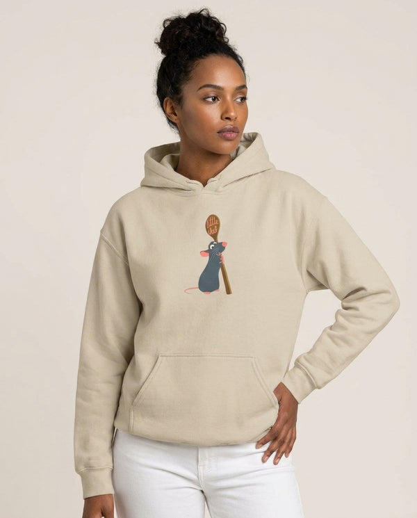 Chef Rat Hoodie — Sand Front, worn