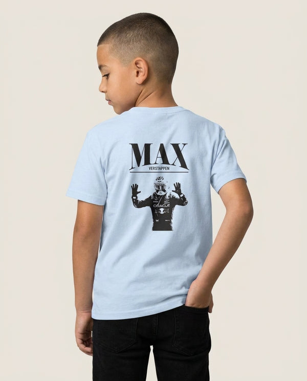 Max Blue And Red Kids T-Shirt — Blue Back, worn
