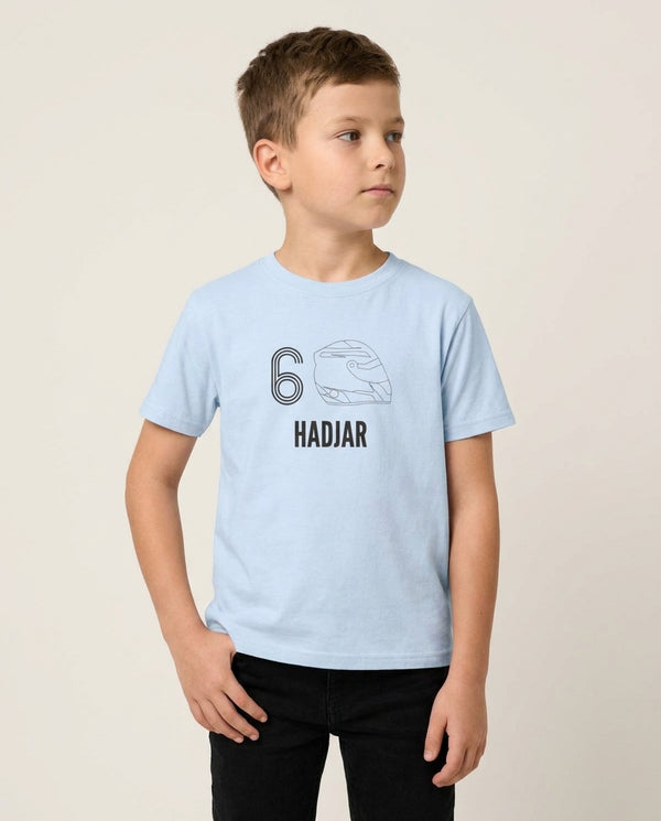 Hadjar Helmet 2026 Kids T-Shirt — Blue Front, worn