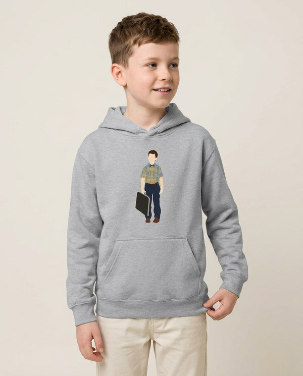 First Day - Sheldon Kids Hoodie — Grey Front, worn
