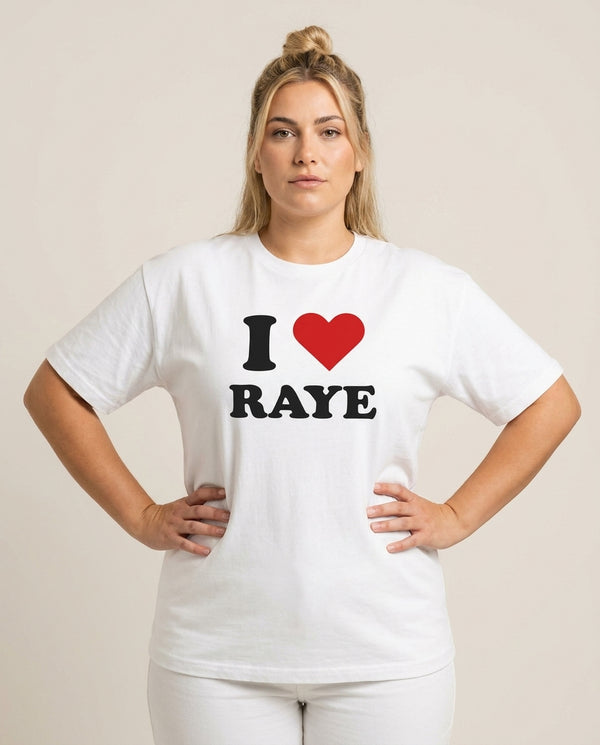 I Love Raye - Festival T-Shirt — White Front, worn