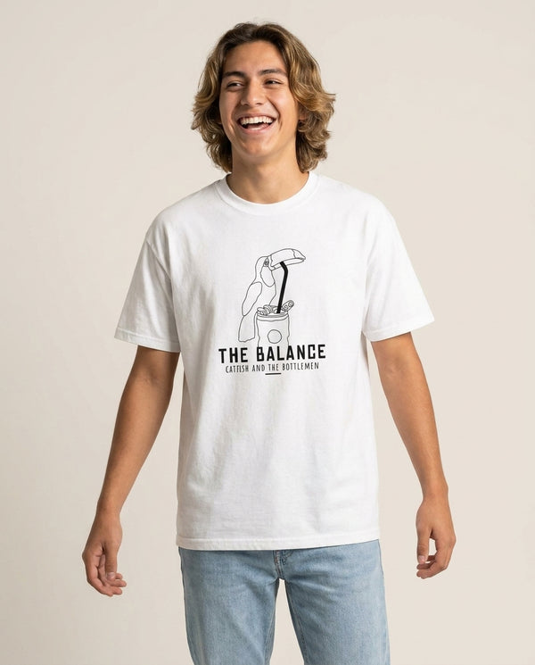 The Balance T-Shirt — White Front, worn
