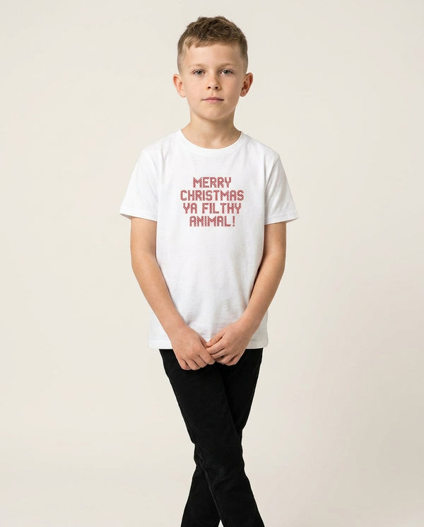 Merry Christmas Ya Filthy Animal Kids T-Shirt White Front, worn