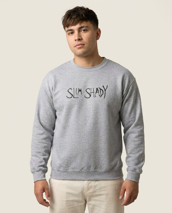 Slim Shady Sweatshirt — Grey Front, worn