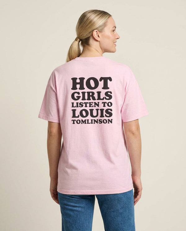 Hot Girls Listen To Louis T-Shirt — Pink Back, worn