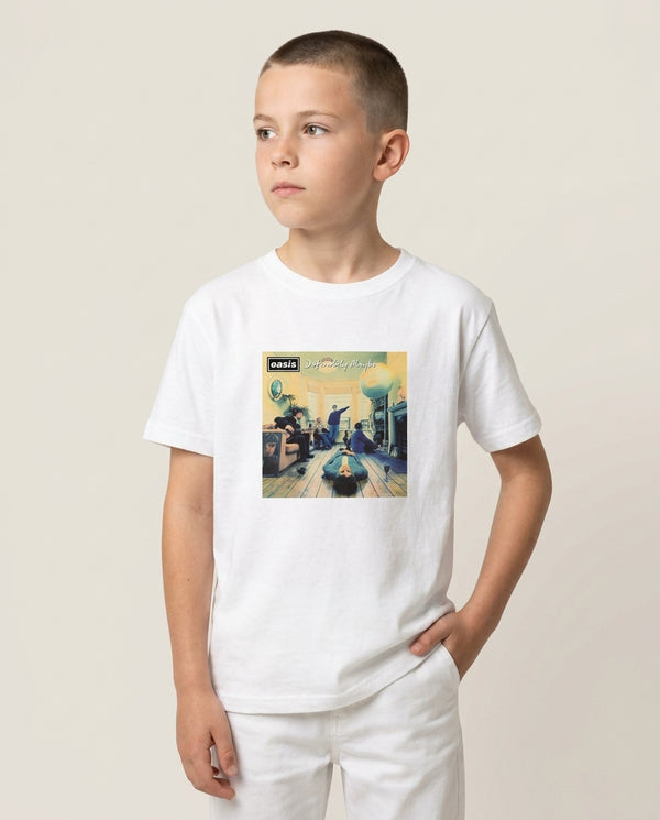 Definitely Maybe - Oasis Kids T-Shirt — White Front, worn