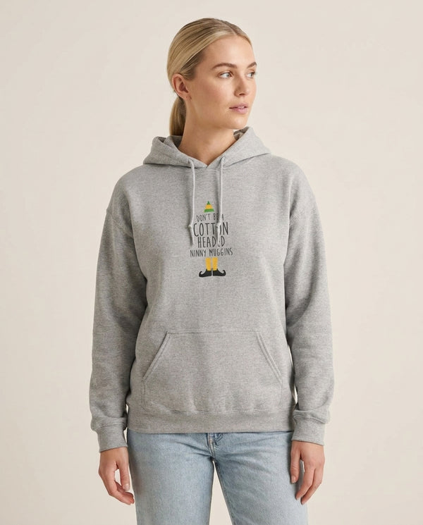 Cotton Headed Ninny Muggins - Buddy The Elf Hoodie — Grey Front, worn