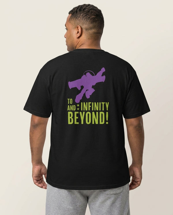 Infinity And Beyond T-Shirt — Black Back, worn