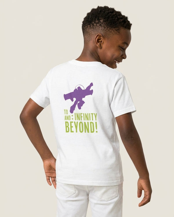 Infinity And Beyond Kids T-Shirt — White Back, worn