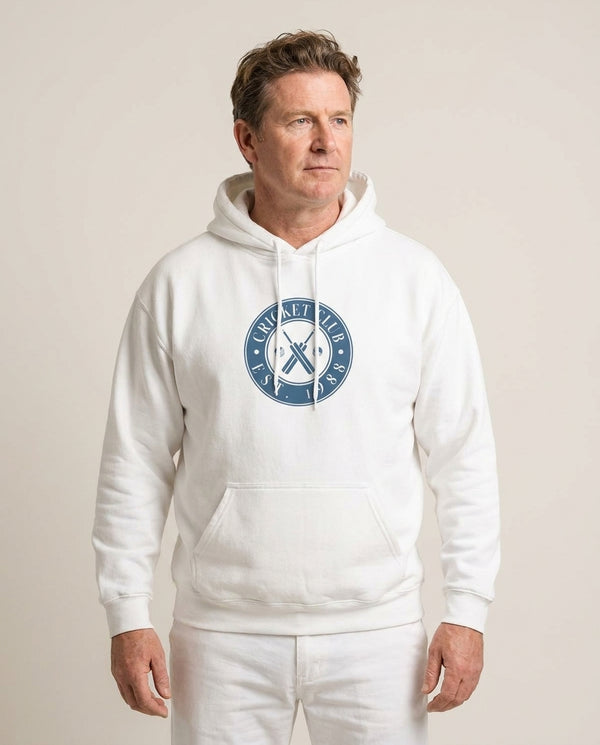 Cricket Badge Hoodie — White Front, worn