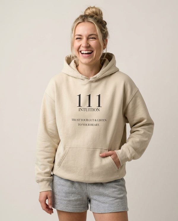 111 - Angel Numbers Hoodie — Sand Front, worn