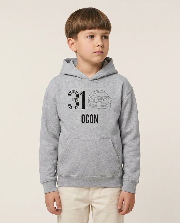 Ocon Helmet 2026 Kids Hoodie — Grey Front, worn