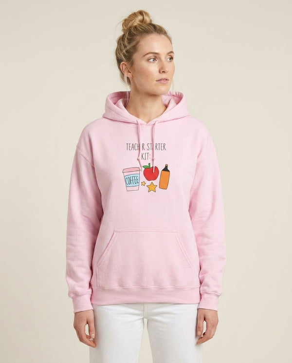 Teacher Starter Kit Hoodie — Pink Front, worn