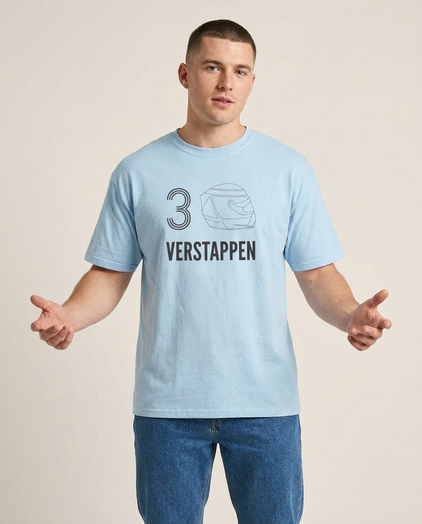 Verstappen Helmet 2026 T-Shirt — Blue Front, worn