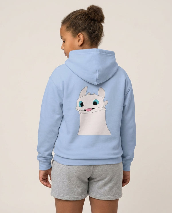 White Fury Dragon Kids Hoodie — Blue Back, worn