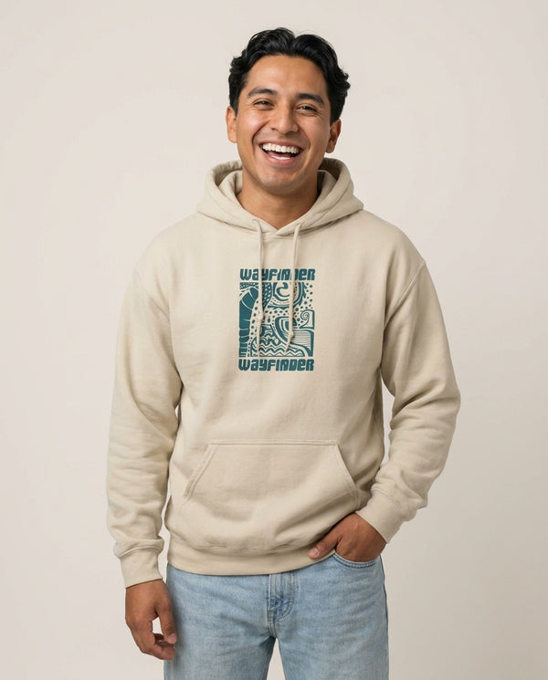 Wayfinder Print Hoodie — Sand Front, worn
