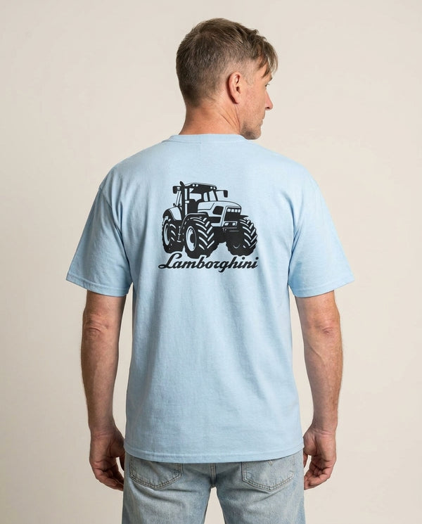 Lambo Tractor T-Shirt — Blue Back, worn