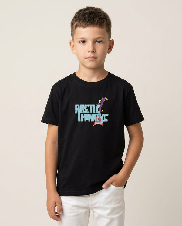 Guitar Kids T-Shirt — Black Front, worn