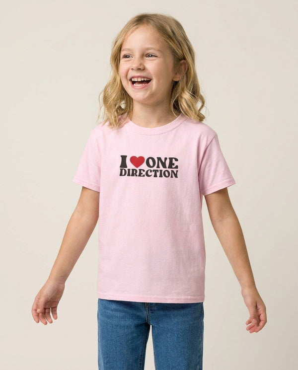 I Love Direction Kids T-Shirt — Pink Front, worn