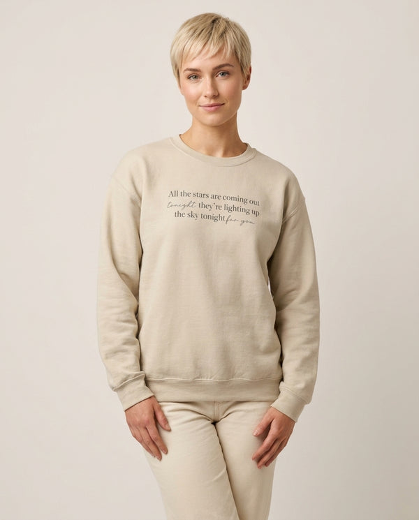 Lighting Up The Sky Tonight Sweatshirt — Sand Front, worn