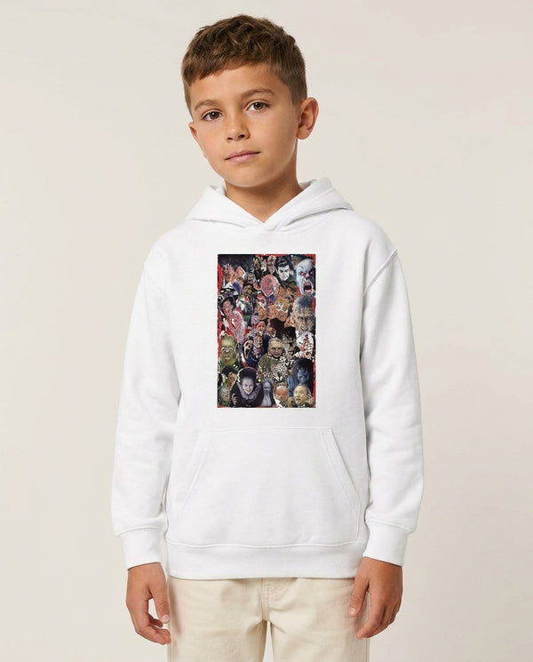 Collage of Horror Kids Hoodie — White Front, worn