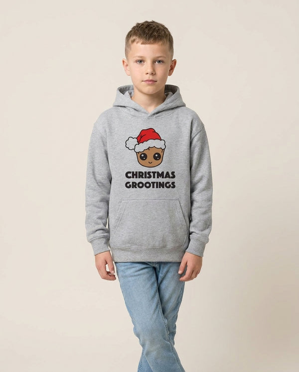 Christmas Grootings  Kids Hoodie — Grey Front, worn