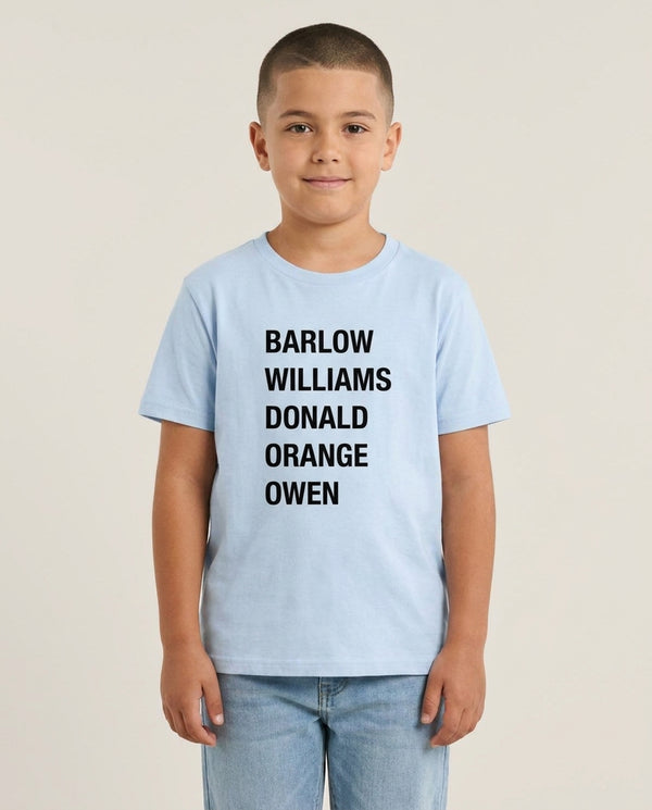 Take Band Members Names Kids T-Shirt — Blue Front, worn