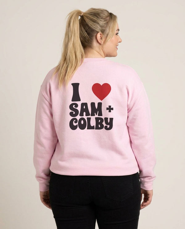 I Love S & C Sweatshirt — Pink Back, worn