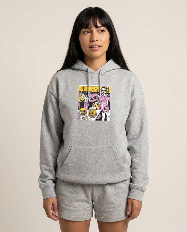 Popart Fender Hoodie — Grey Front, worn