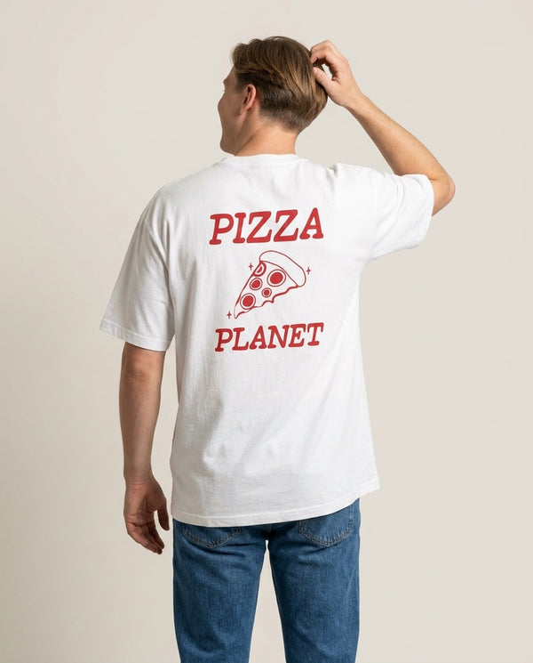 Retro Pizza Planet  T-Shirt — White Back, worn