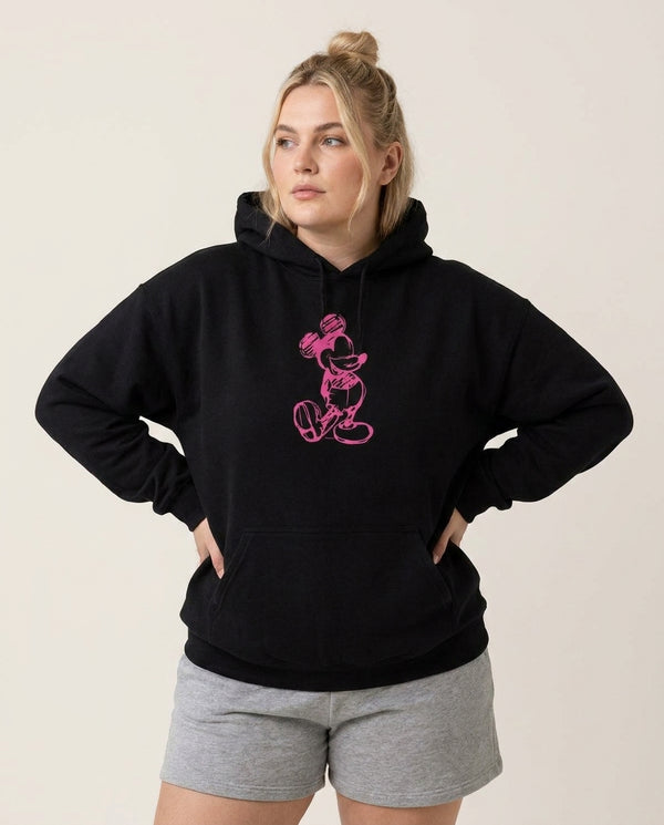 Sketched Mouse Outline Pink Hoodie — Black Front, worn