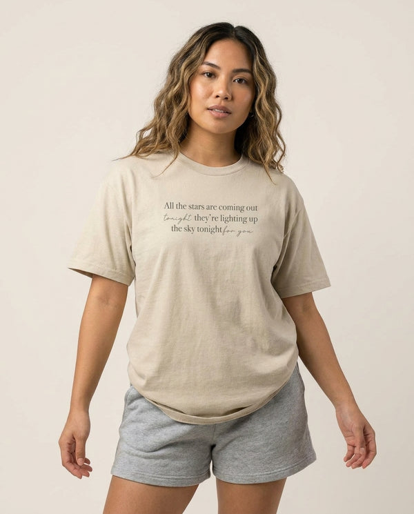 Lighting Up The Sky Tonight T-Shirt — Sand Front, worn