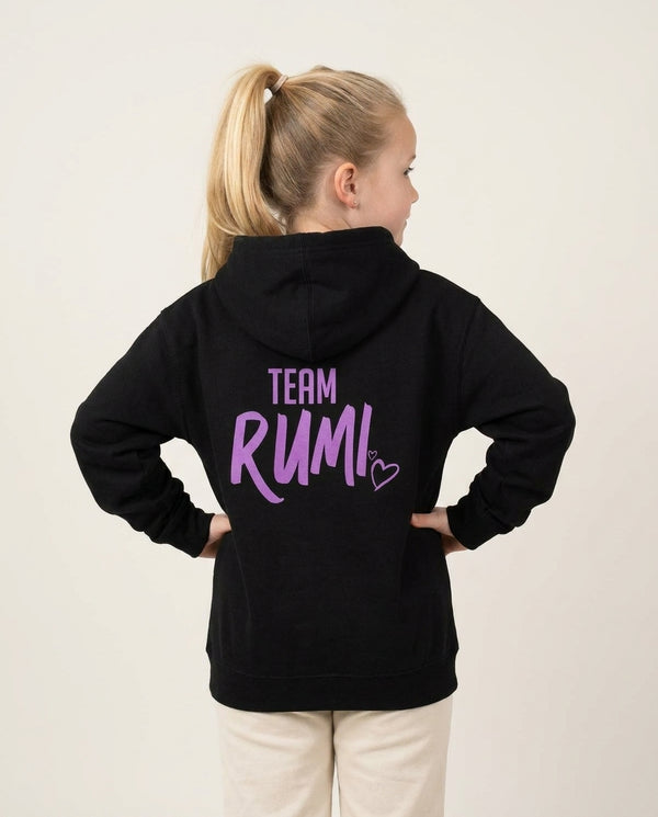 Team Rumi Kids Hoodie — Black Back, worn