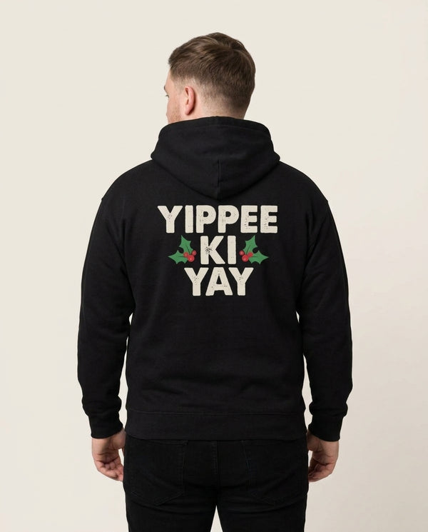 Yippee Ki Yay Hoodie Black Back, worn