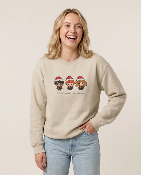 Wizards With Christmas Hats Sweatshirt — Sand Front, worn
