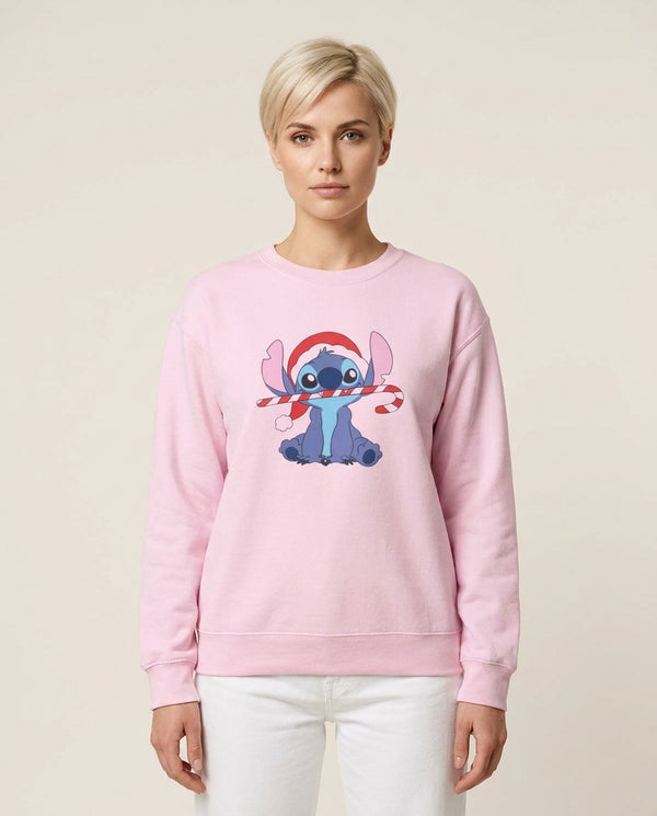 Cute Blue Alien Candycane Sweatshirt — Pink Front, worn