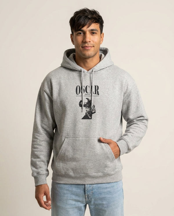 Oscar Orange And Black Hoodie — Grey Front, worn