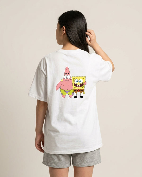 Patrick And Sponge T-Shirt — White Back, worn