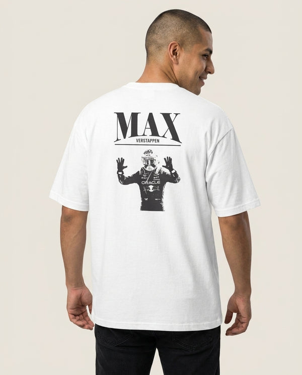 Max Blue And Red T-Shirt — White Back, worn