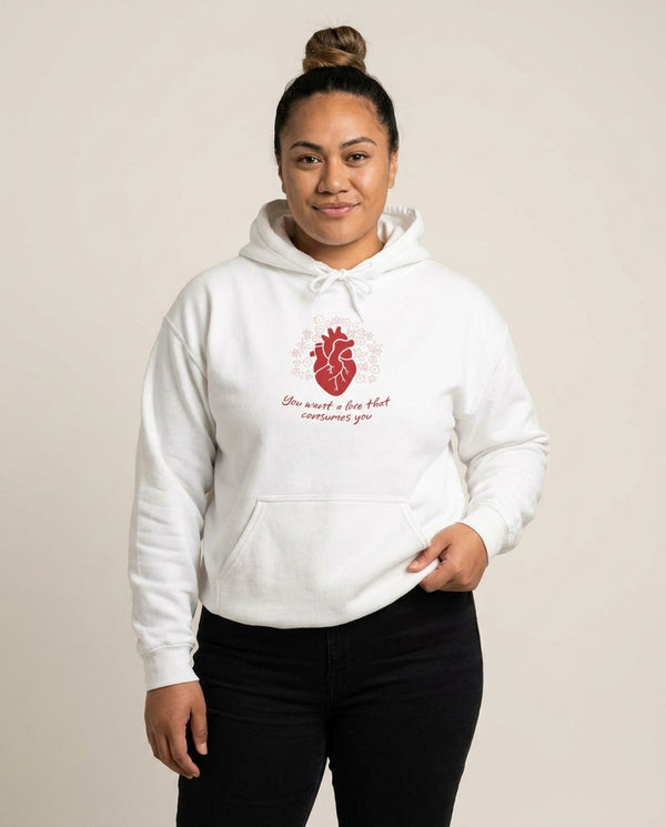 You Want A Love That Consumes You - VD Hoodie — White Front, worn