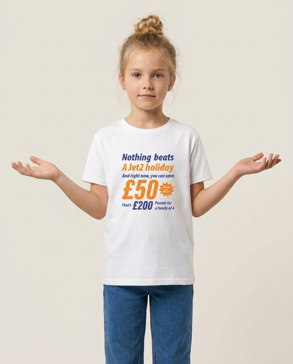 Nothing Beats A Jet Holiday Kids T-Shirt — White Front, worn